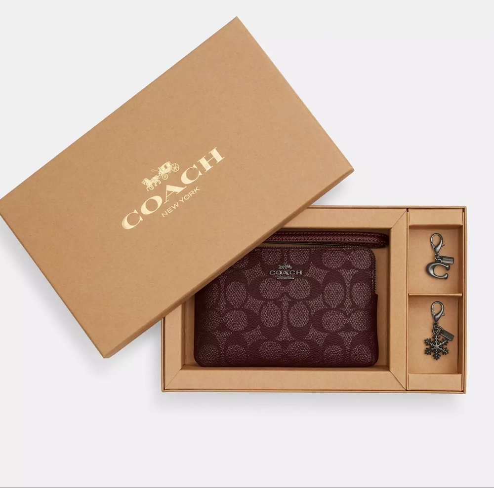 Coach Boxed Corner Zip Wristlet in Signature Canvas with Charms